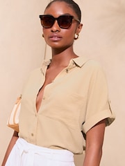 Lipsy Camel Short Sleeve Utility Shirt - Image 1 of 4