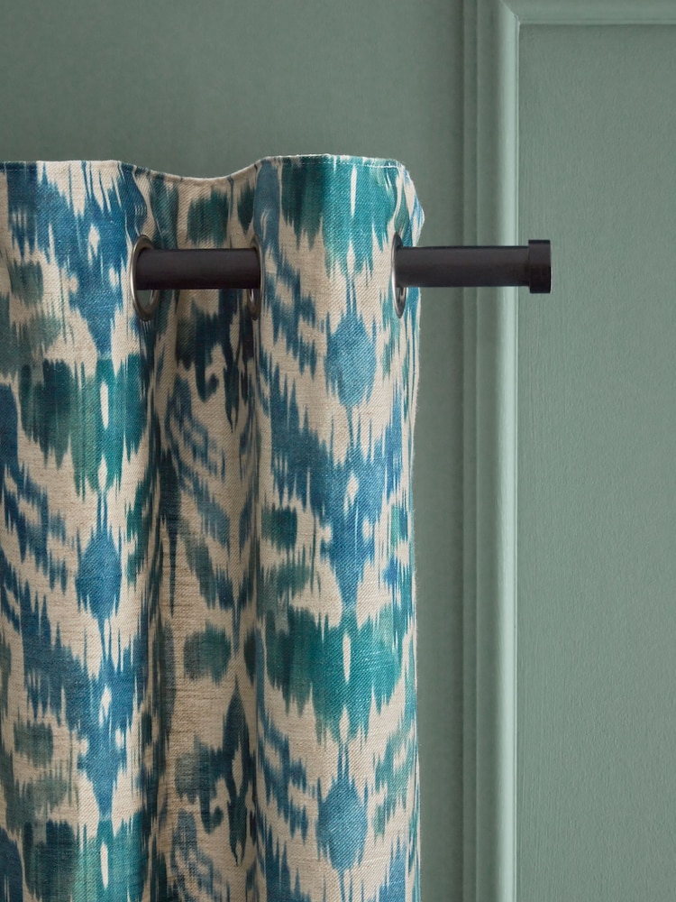 Blue/Green Ikat Linen Blend Eyelet Lined Curtains - Image 1 of 5