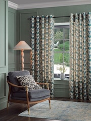 Blue/Green Ikat Linen Blend Eyelet Lined Curtains - Image 2 of 5