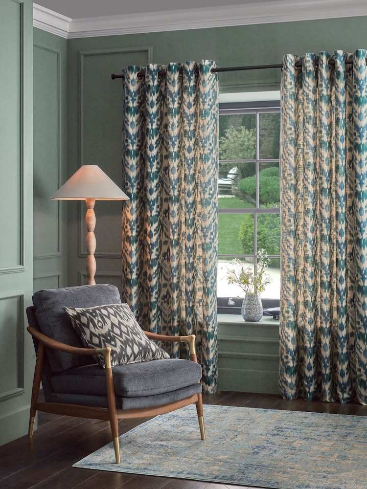 Blue/Green Ikat Linen Blend Eyelet Lined Curtains - Image 2 of 5