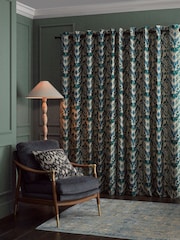 Blue/Green Ikat Linen Blend Eyelet Lined Curtains - Image 3 of 5