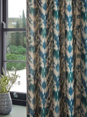Blue/Green Ikat Linen Blend Eyelet Lined Curtains - Image 4 of 5