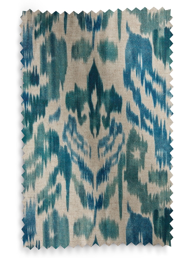 Blue/Green Ikat Linen Blend Eyelet Lined Curtains - Image 5 of 5
