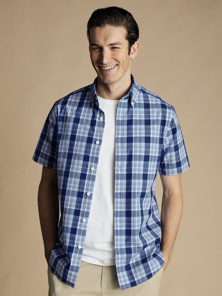 Charles Tyrwhitt Blue Check Short Sleeve Noniron Stretch Poplin Slub 100% Cotton Shirt - Image 1 of 5