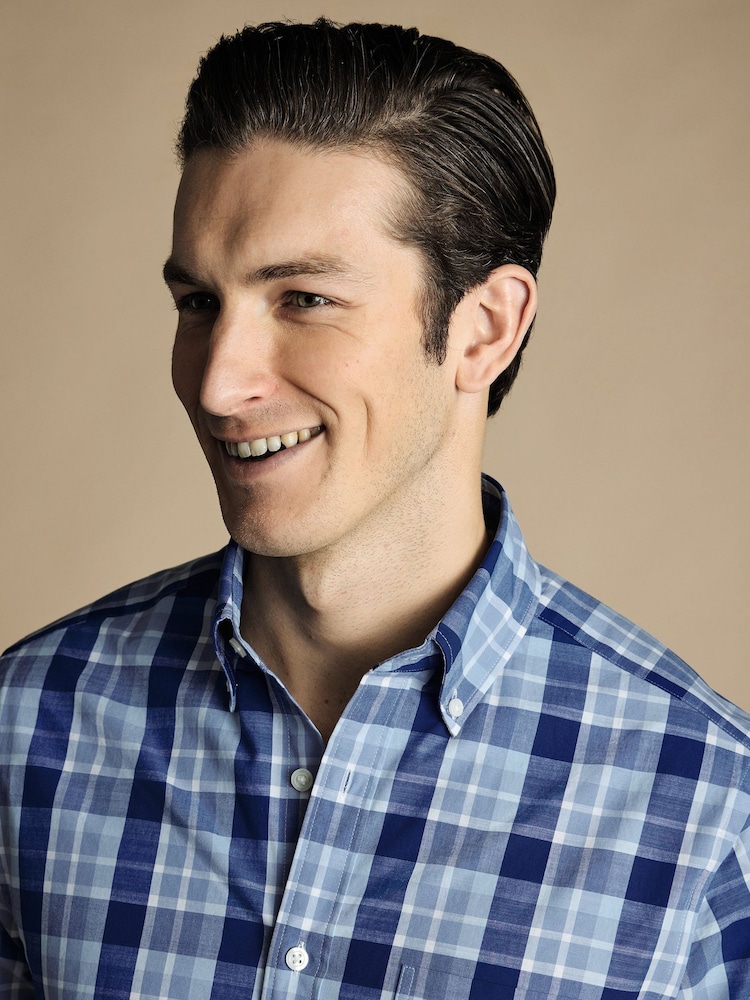 Charles Tyrwhitt Blue Check Short Sleeve Noniron Stretch Poplin Slub 100% Cotton Shirt - Image 2 of 5