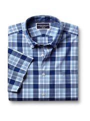 Charles Tyrwhitt Blue Check Short Sleeve Noniron Stretch Poplin Slub 100% Cotton Shirt - Image 3 of 5