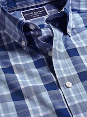 Charles Tyrwhitt Blue Check Short Sleeve Noniron Stretch Poplin Slub 100% Cotton Shirt - Image 5 of 5