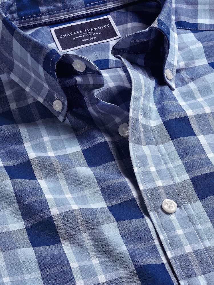 Charles Tyrwhitt Blue Check Short Sleeve Noniron Stretch Poplin Slub 100% Cotton Shirt - Image 5 of 5