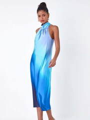 Dusk Blue Satin Ombre Halterneck Dress - Image 1 of 5