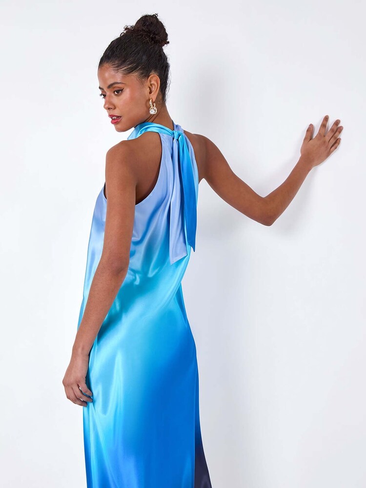 Dusk Blue Satin Ombre Halterneck Dress - Image 2 of 5