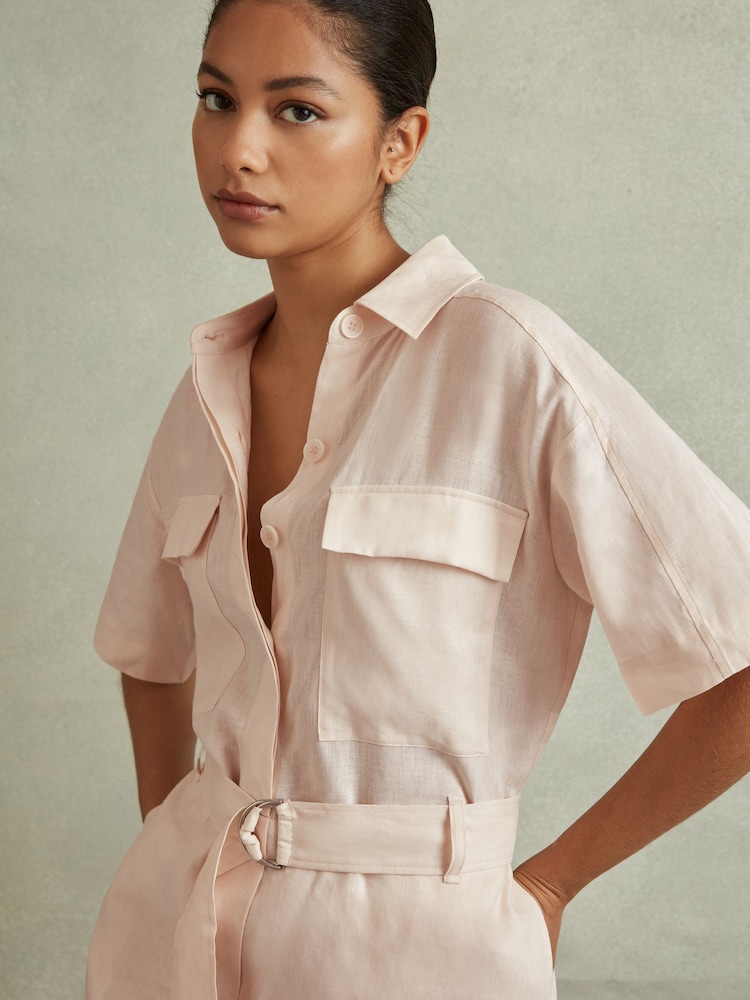 Reiss Pink Selina Linen Belted Playsuit - Image 1 of 5