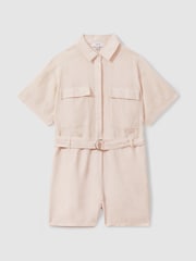 Reiss Pink Selina Linen Belted Playsuit - Image 2 of 5