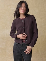 Purple Burgundy Brushed Collarless Buttoned Jacket - Image 1 of 7