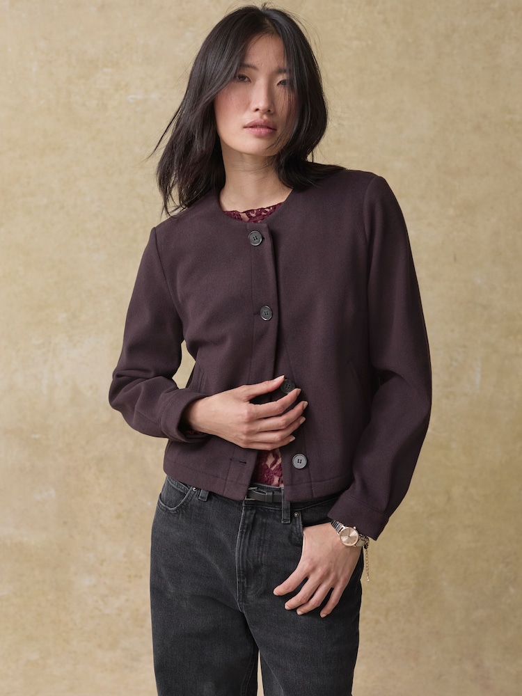 Purple Burgundy Brushed Collarless Buttoned Jacket - Image 1 of 7