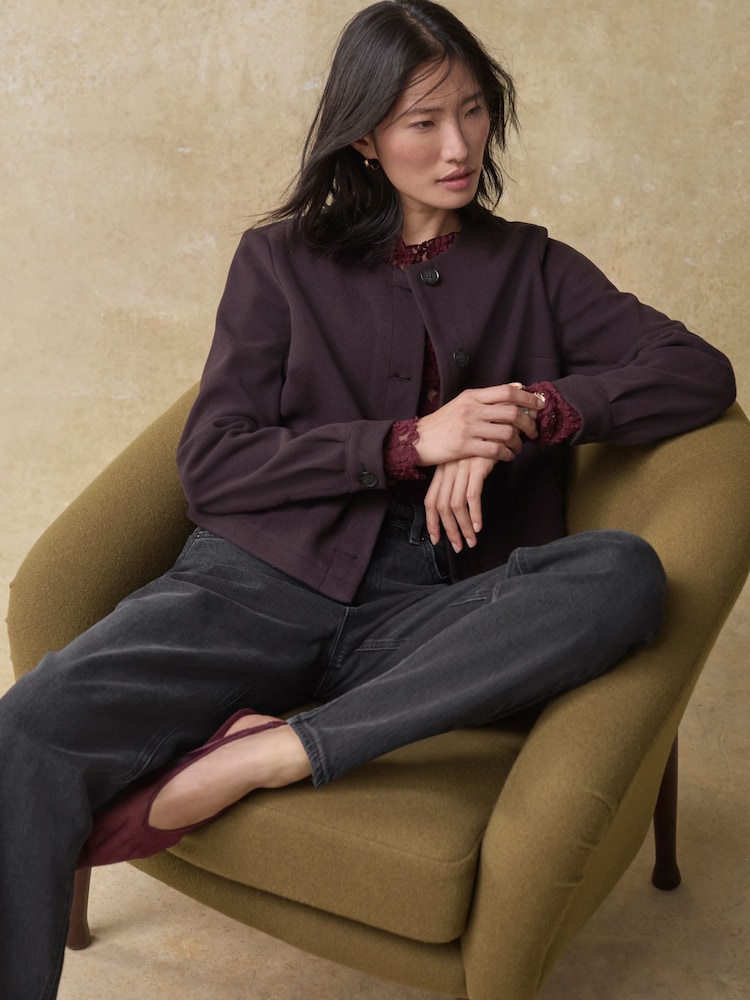 Purple Burgundy Brushed Collarless Buttoned Jacket - Image 2 of 7