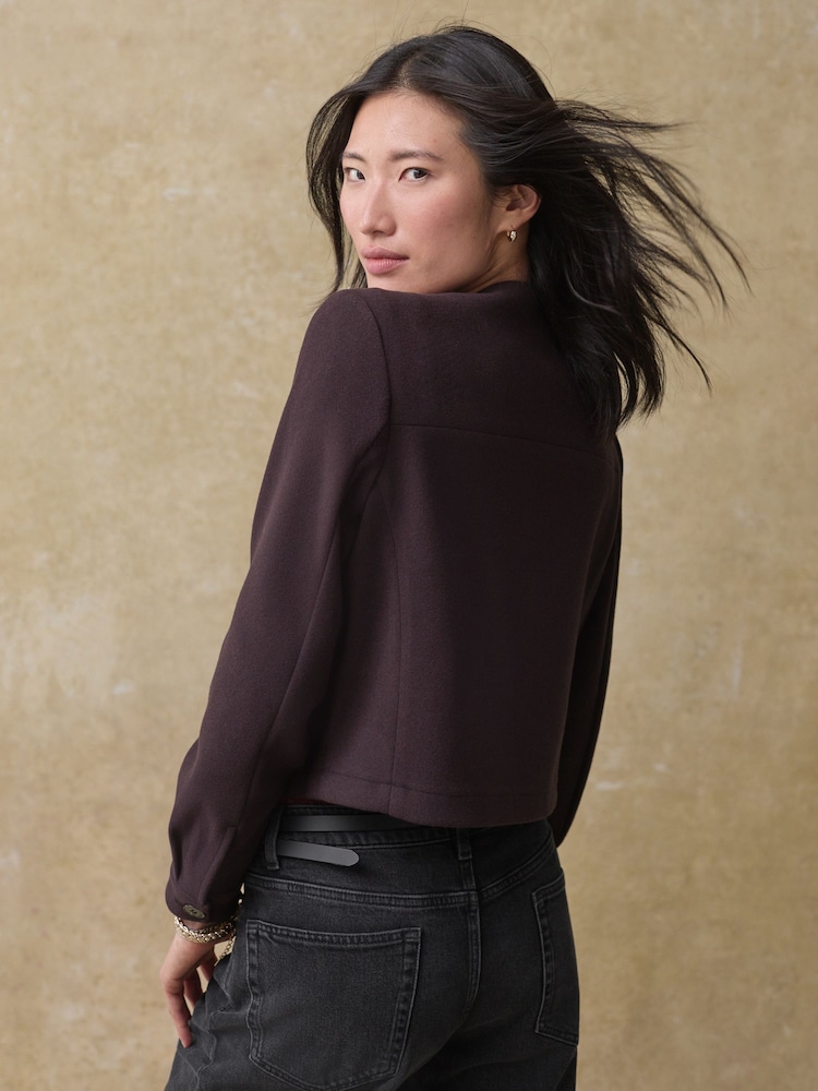 Purple Burgundy Brushed Collarless Buttoned Jacket - Image 5 of 7