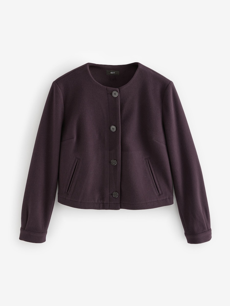 Purple Burgundy Brushed Collarless Buttoned Jacket - Image 6 of 7