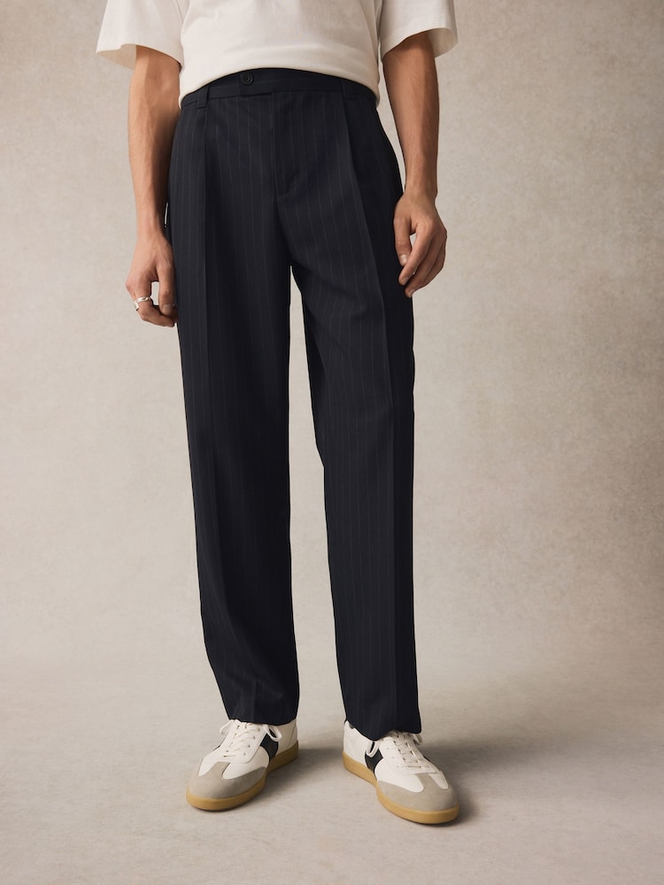 Navy Blue EDIT Wide Pinstripe Smart Trousers - Image 1 of 9
