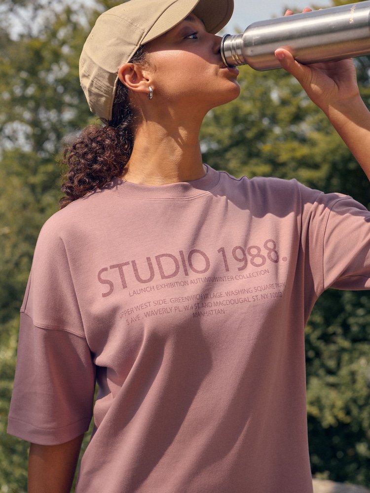 Pink Relaxed Fit Heavyweight Longline Crew Neck 100% Cotton T-Shirt - Image 1 of 4 Pink Relaxed Fit Heavyweight Longline Crew Neck 100% Cotton T-Shirt - Image 1 of 4