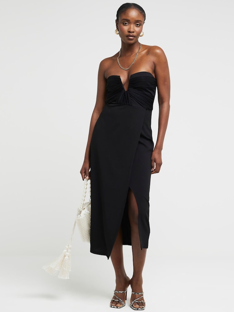 River Island Black Bandeau Plunge Midi Dress - Image 1 of 3