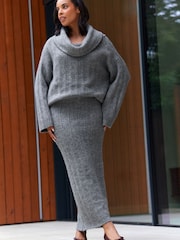 Grey Charcoal Co-ord Soft Touch Fitted Column Knitted Maxi Skirt - Image 1 of 6