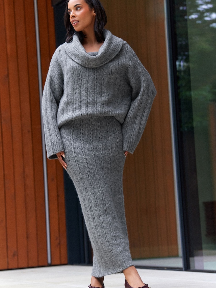 Grey Charcoal Co-ord Soft Touch Fitted Column Knitted Maxi Skirt - Image 1 of 6
