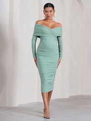Club L London Sage Green Maternity Davina Ruched Twist Bardot Long Sleeve Midi Dress - Image 1 of 5