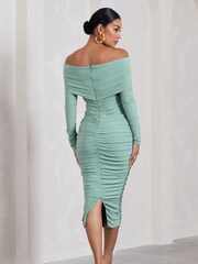 Club L London Sage Green Maternity Davina Ruched Twist Bardot Long Sleeve Midi Dress - Image 2 of 5