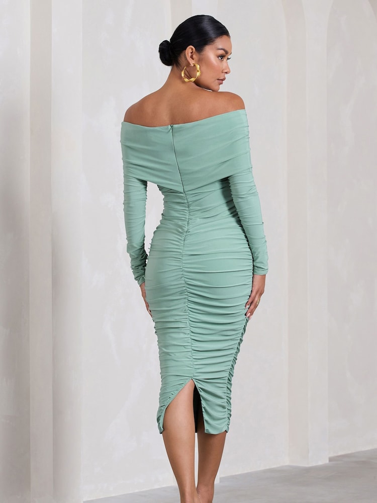 Club L London Sage Green Maternity Davina Ruched Twist Bardot Long Sleeve Midi Dress - Image 2 of 5