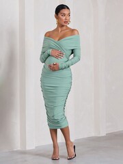 Club L London Sage Green Maternity Davina Ruched Twist Bardot Long Sleeve Midi Dress - Image 3 of 5