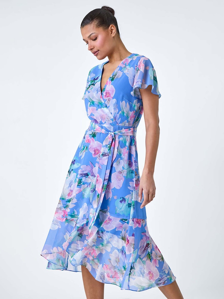 Roman Blue Floral Frill Detail Wrap Dress - Image 2 of 5