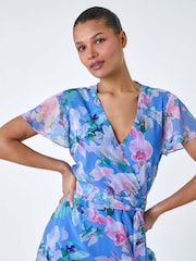 Roman Blue Floral Frill Detail Wrap Dress - Image 4 of 5