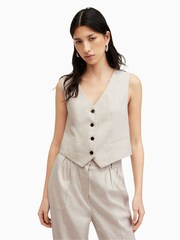 AllSaints Brown Whitney Linen Blend Waistcoat - Image 1 of 6