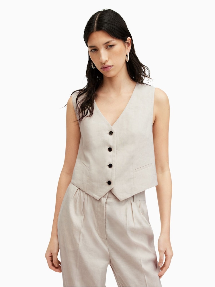 AllSaints Brown Whitney Linen Blend Waistcoat - Image 1 of 6