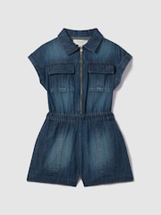 Reiss Blue Josie Teen Denim Zip-Front Playsuit - Image 1 of 4
