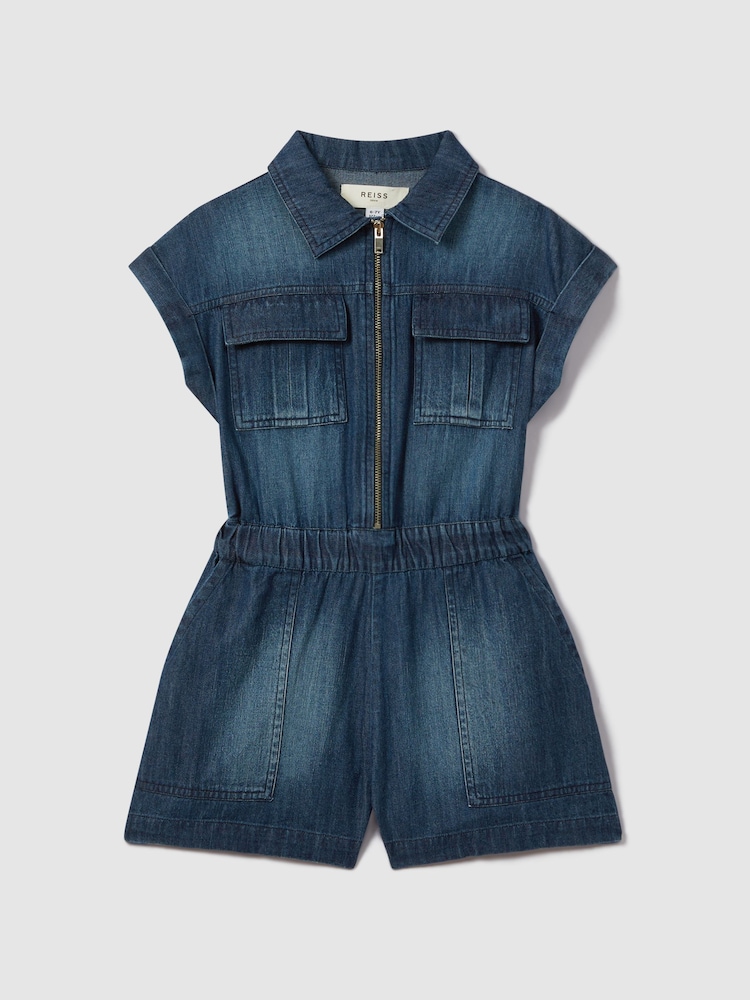Reiss Blue Josie Teen Denim Zip-Front Playsuit - Image 1 of 4