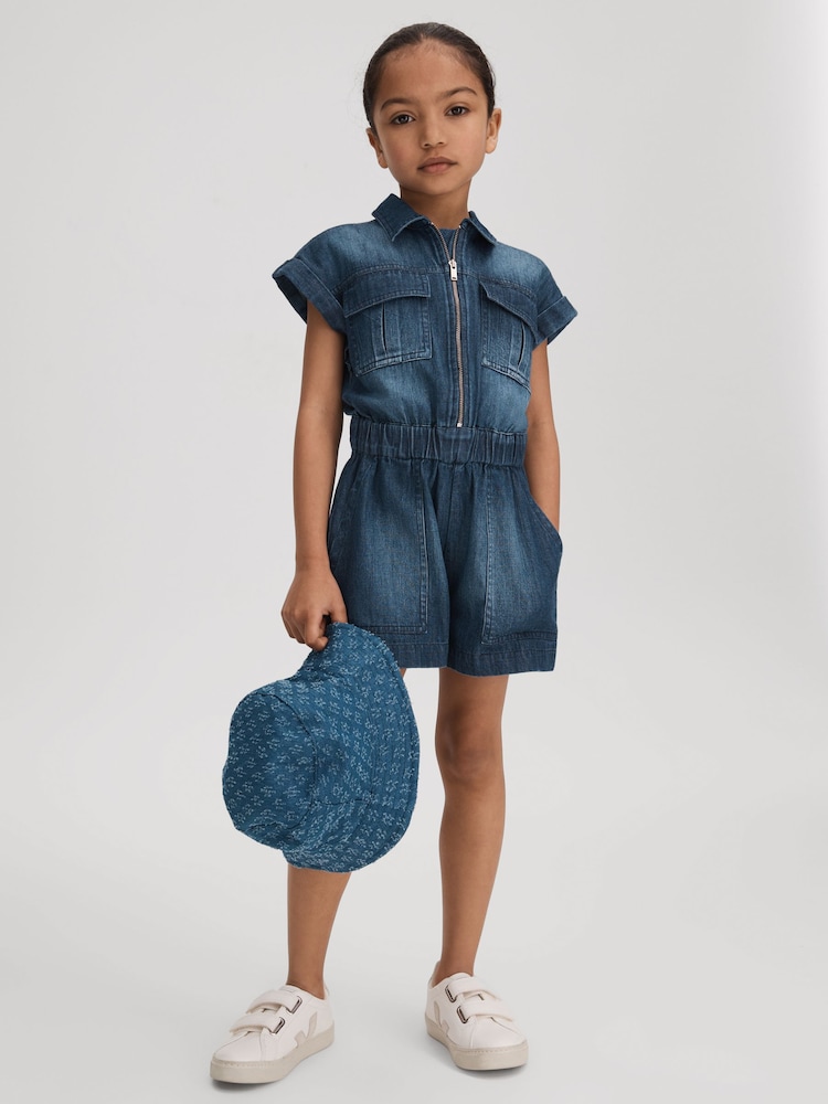 Reiss Blue Josie Teen Denim Zip-Front Playsuit - Image 2 of 4