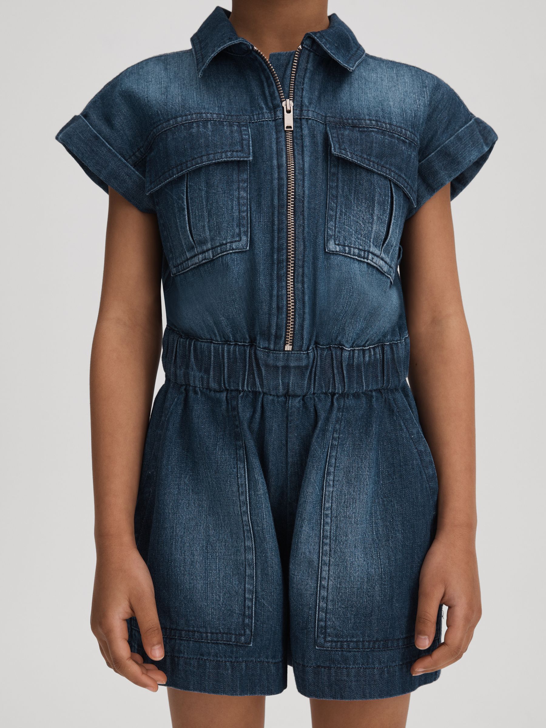 Reiss Blue Josie Teen Denim Zip-Front Playsuit - Image 3 of 4