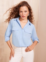 Friends Like These Blue Long Sleeve Utility Style Button Through Shirt - Image 1 of 4