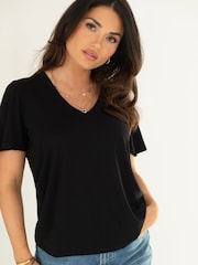 Pour Moi Black Serena V-Neck Jersey T-Shirt with Viscose - Image 1 of 4
