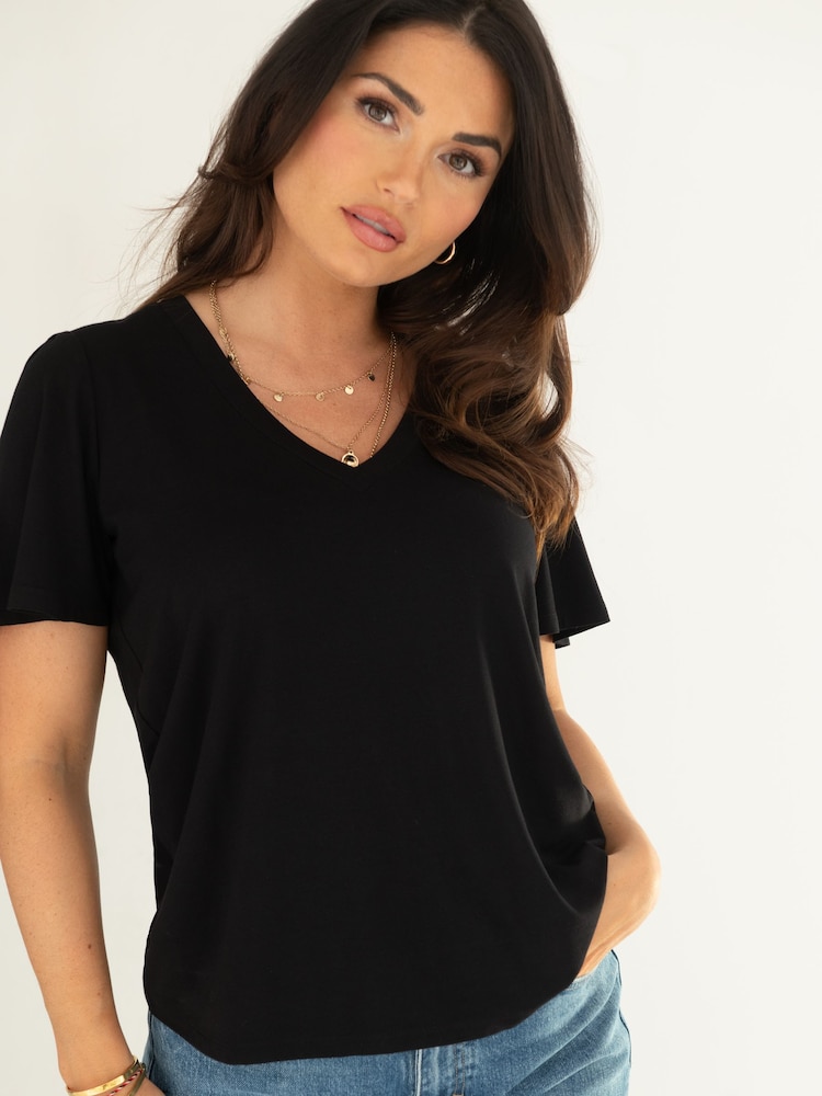 Pour Moi Black Serena V-Neck Jersey T-Shirt with Viscose - Image 1 of 4