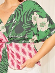 Curves Like These Green Twist Front V Neck Short Sleeve Top - Image 3 of 4