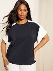 Curves Like These Navy Blue Short Sleeve Round Neck Blouse - Image 1 of 8