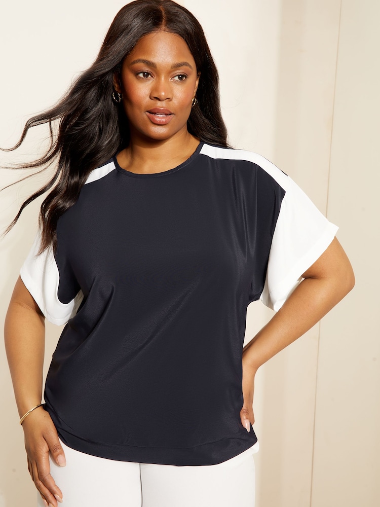Curves Like These Navy Blue Short Sleeve Round Neck Blouse - Image 1 of 8