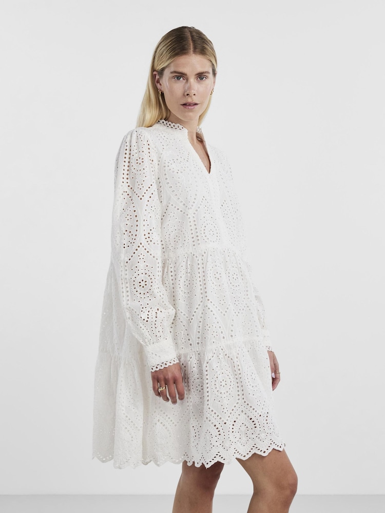 Y.A.S White Broderie Long Sleeve Tiered Dress - Image 1 of 4