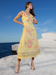 Lipsy Yellow Petite Twist Front Ruffle Printed Midi Dress - Image 2 of 4