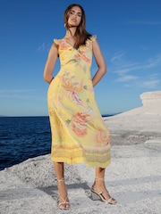 Lipsy Yellow Petite Twist Front Ruffle Printed Midi Dress - Image 3 of 4