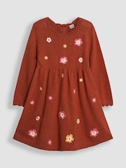 JoJo Maman Bébé Rust Orange Flower Embroidered Knit Dress - Image 1 of 3