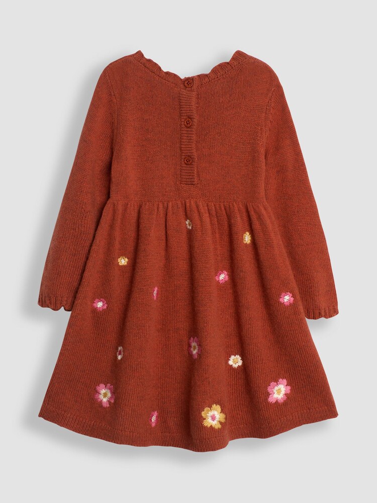 JoJo Maman Bébé Rust Orange Flower Embroidered Knit Dress - Image 2 of 3