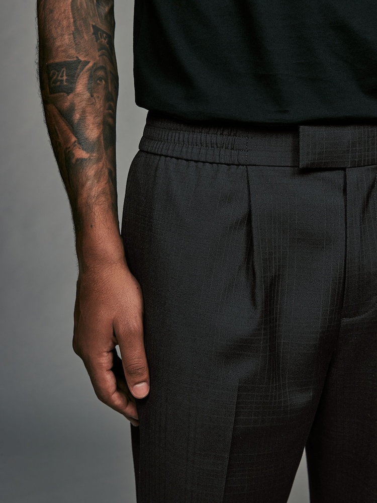 Black Elasticated Waist Wool Blend Check Regular Fit Smart Trousers - Image 3 of 8